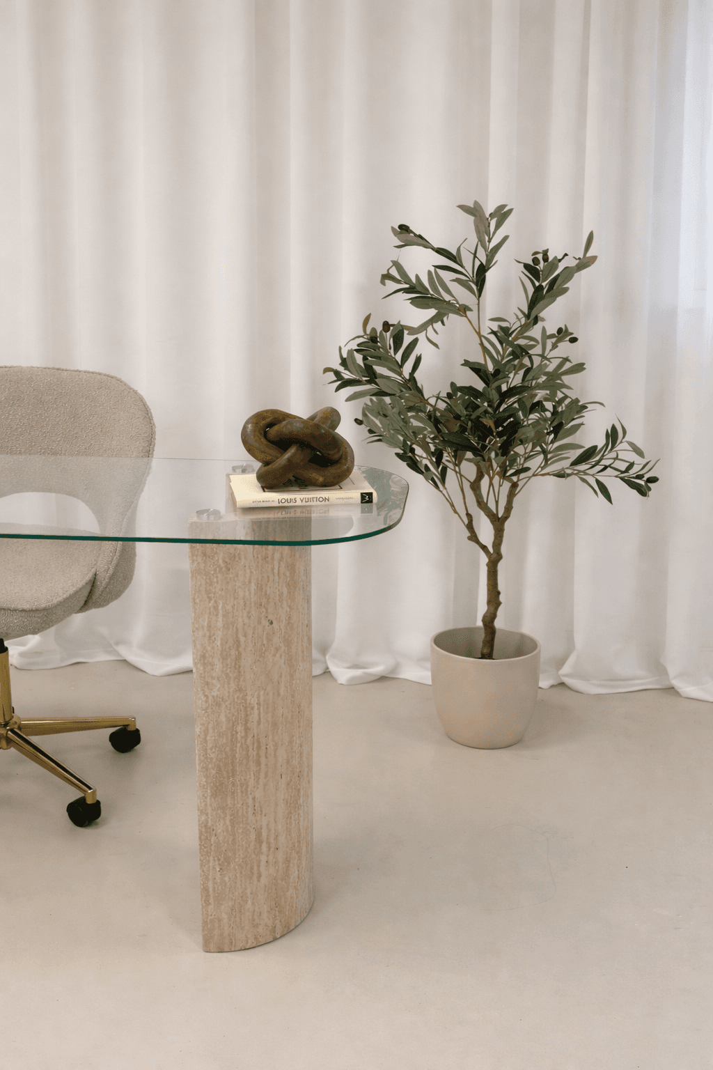 Styled desk setup with an olive tree, ready for content filming