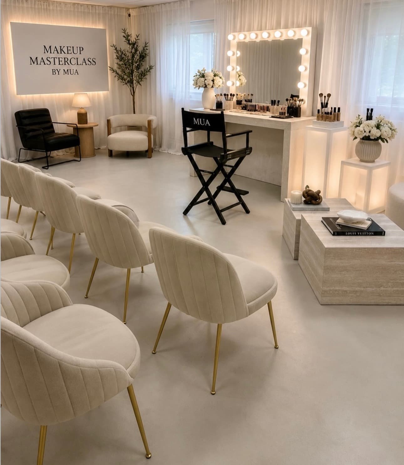 Studio set up for a makeup masterclass with seating for guests